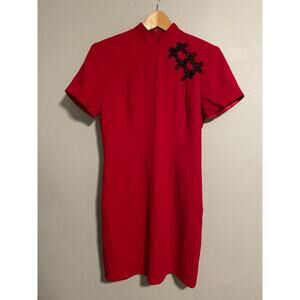 Vintage Womens Cheongsam Dress Size 8 Red Floral Embroidered Asian Inspired 90s